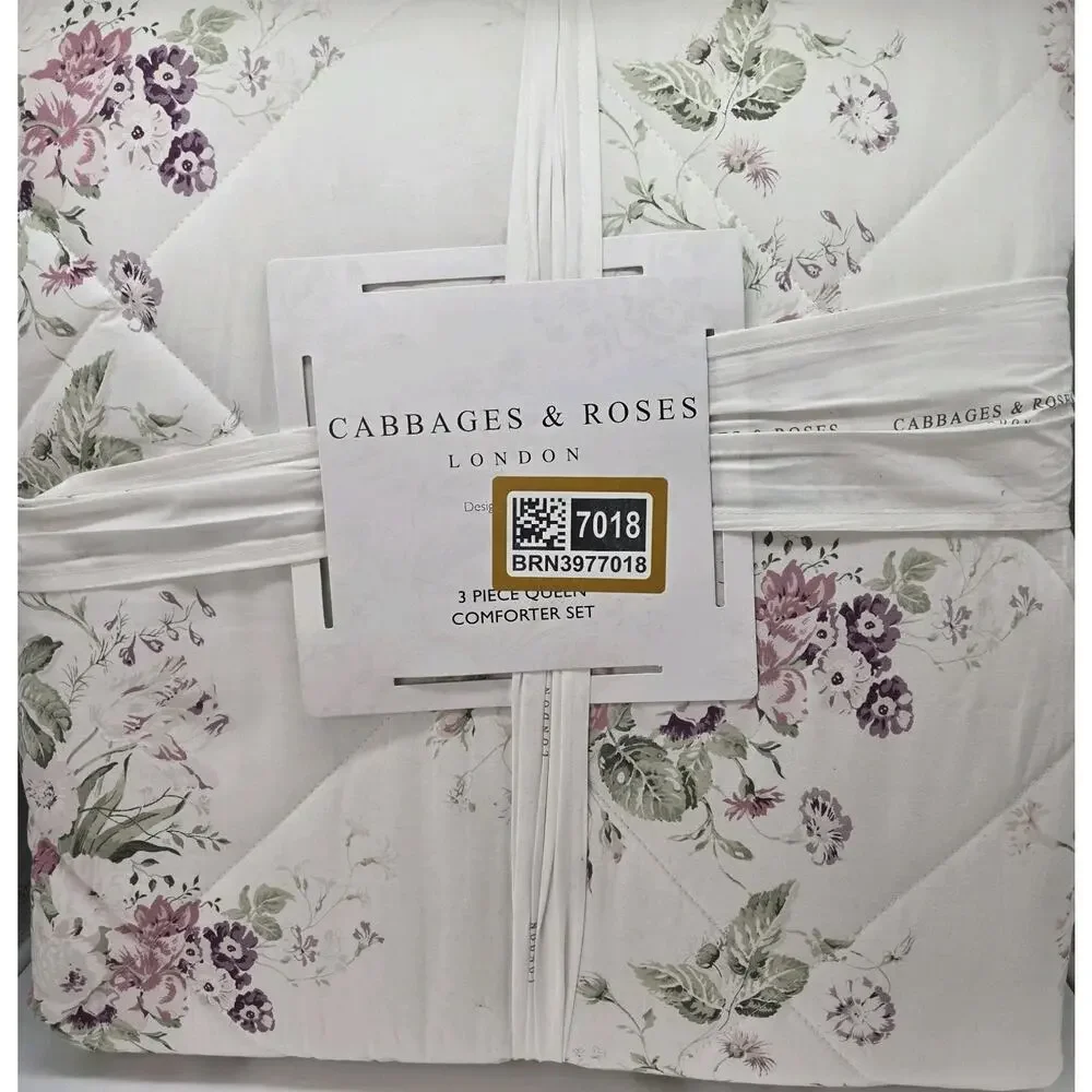 NEW Cabbages & Roses Constance Purple Pink Queen Comforter 3pc Set Cottage PEONY